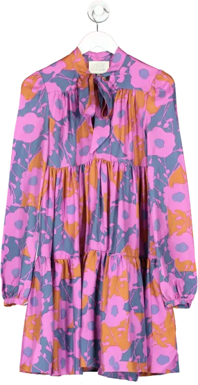 OSSIE CLARK Purple Silk Floral Tiered Long Sleeve Mini Dress UK 8