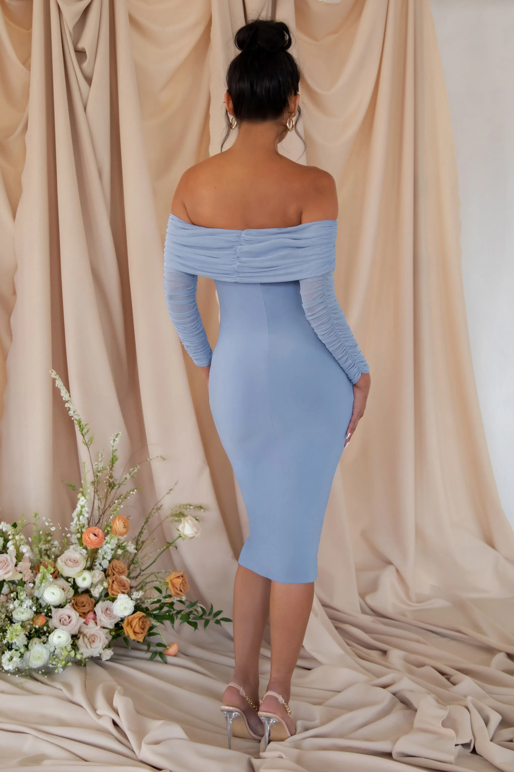 Patiently Waiting | Powder Blue Maternity Ruched Mesh Bardot Midi Dress