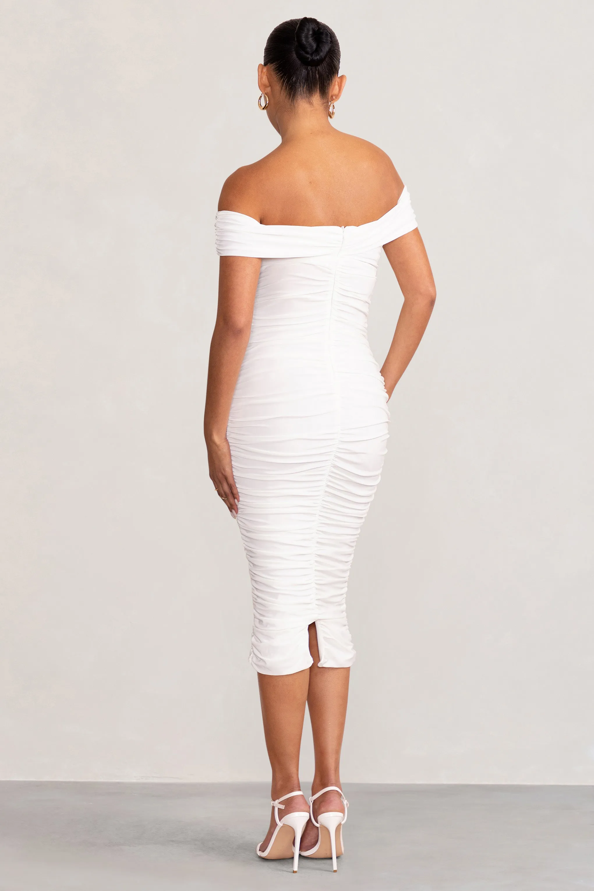 Perfection | White Maternity Bardot Knot Ruched Midi Dress