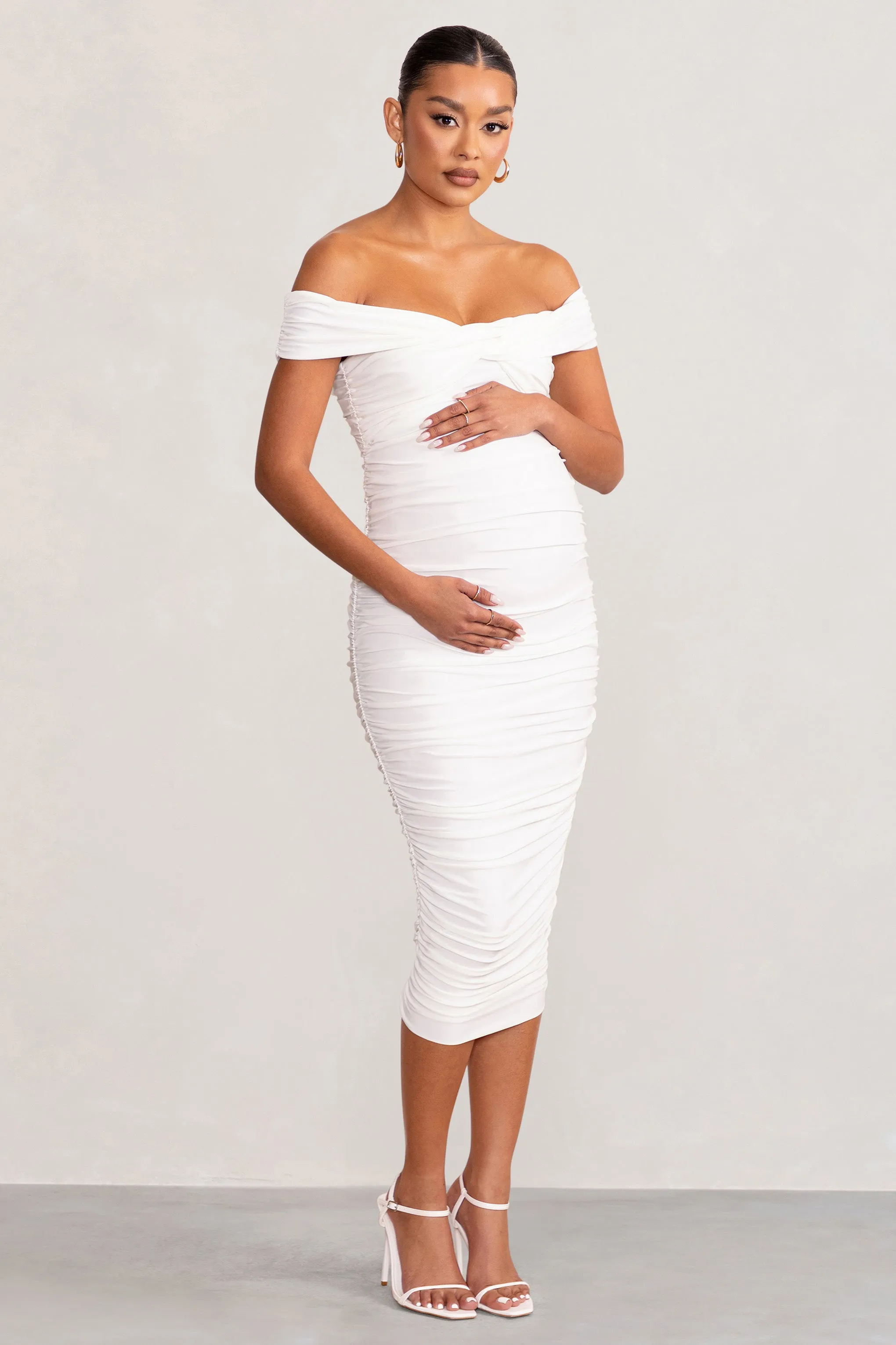 Perfection | White Maternity Bardot Knot Ruched Midi Dress