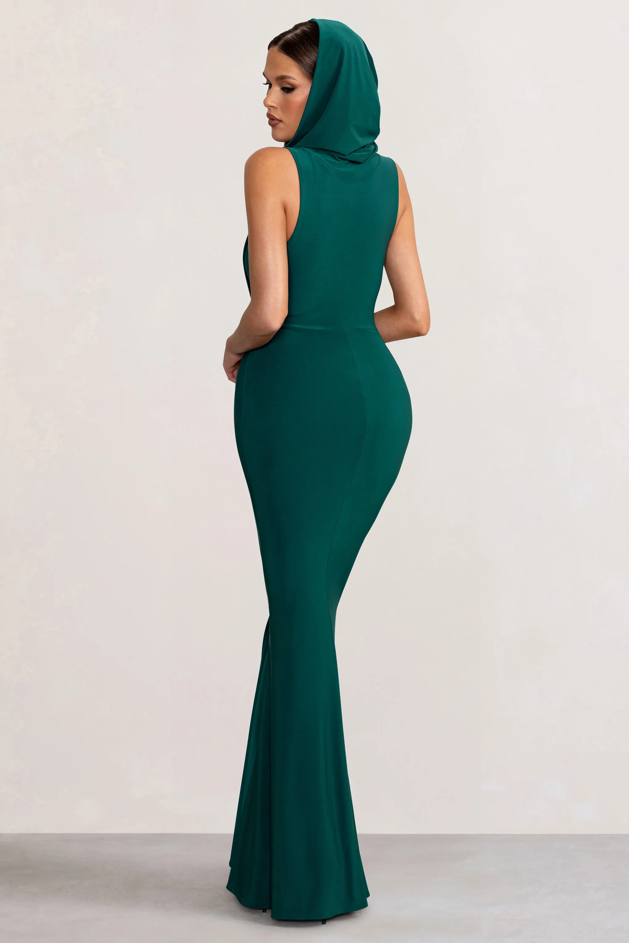 Phoenix | Bottle Green Sleeveless Maxi Dress with Hood