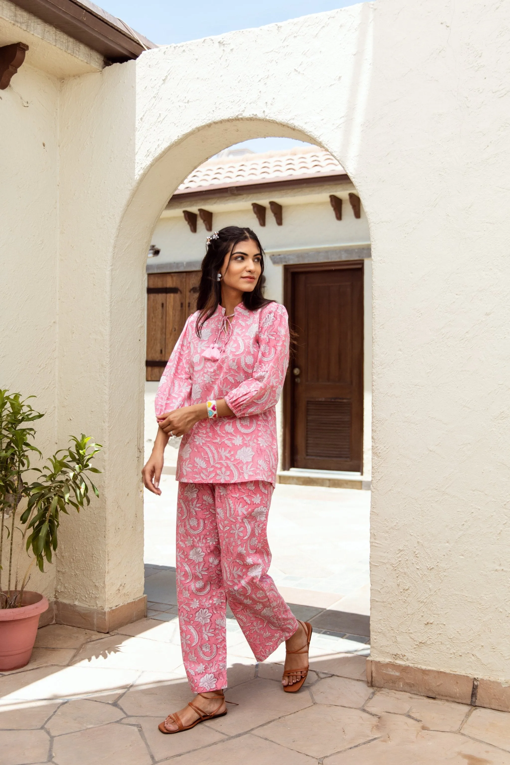 Pink Color Handblock Jaal co-ord Set