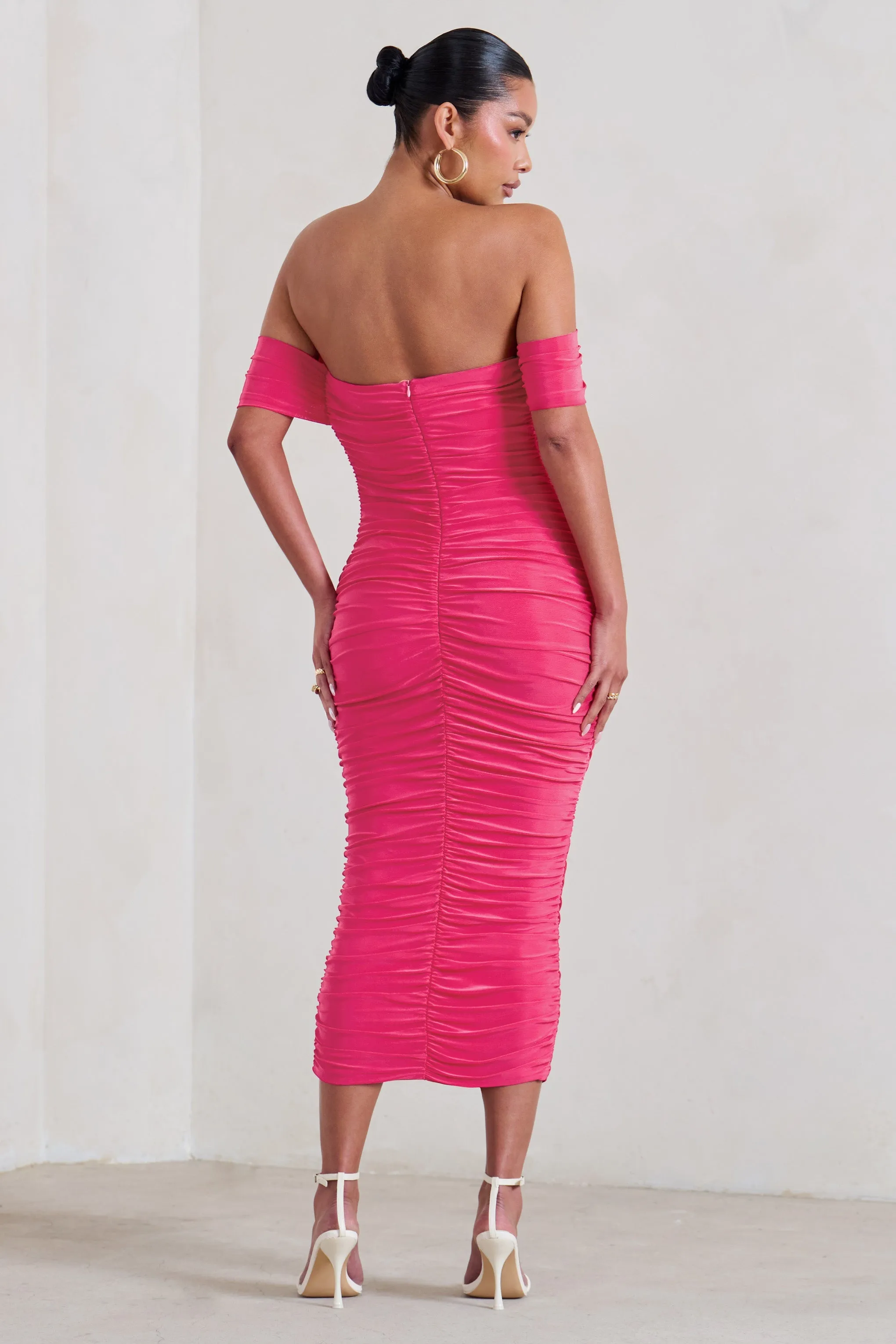 Plus One | Hot Pink Maternity Ruched Bardot Midi Dress