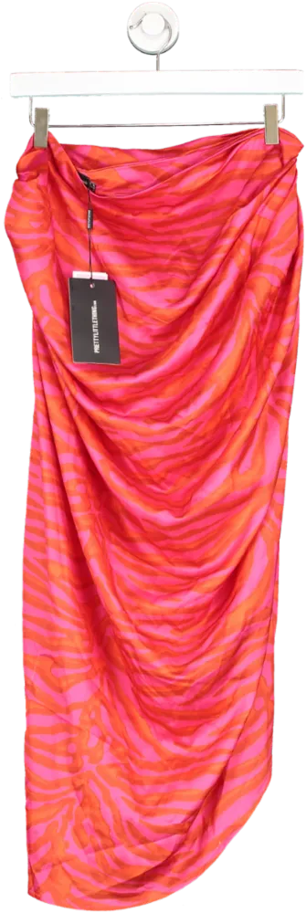 PrettyLittleThing Pink Tropical Multicoloured Ruched Side Drape Midi Skirt UK 16