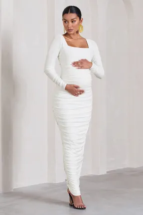 Prissie | White Ruched Square-Neck Long-Sleeve Maternity Maxi Dress