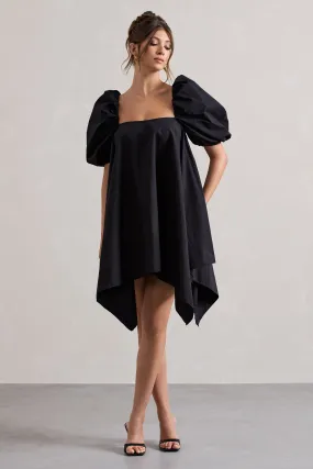 Raindrop | Black Poplin Puff-Sleeve Draped Mini Dress