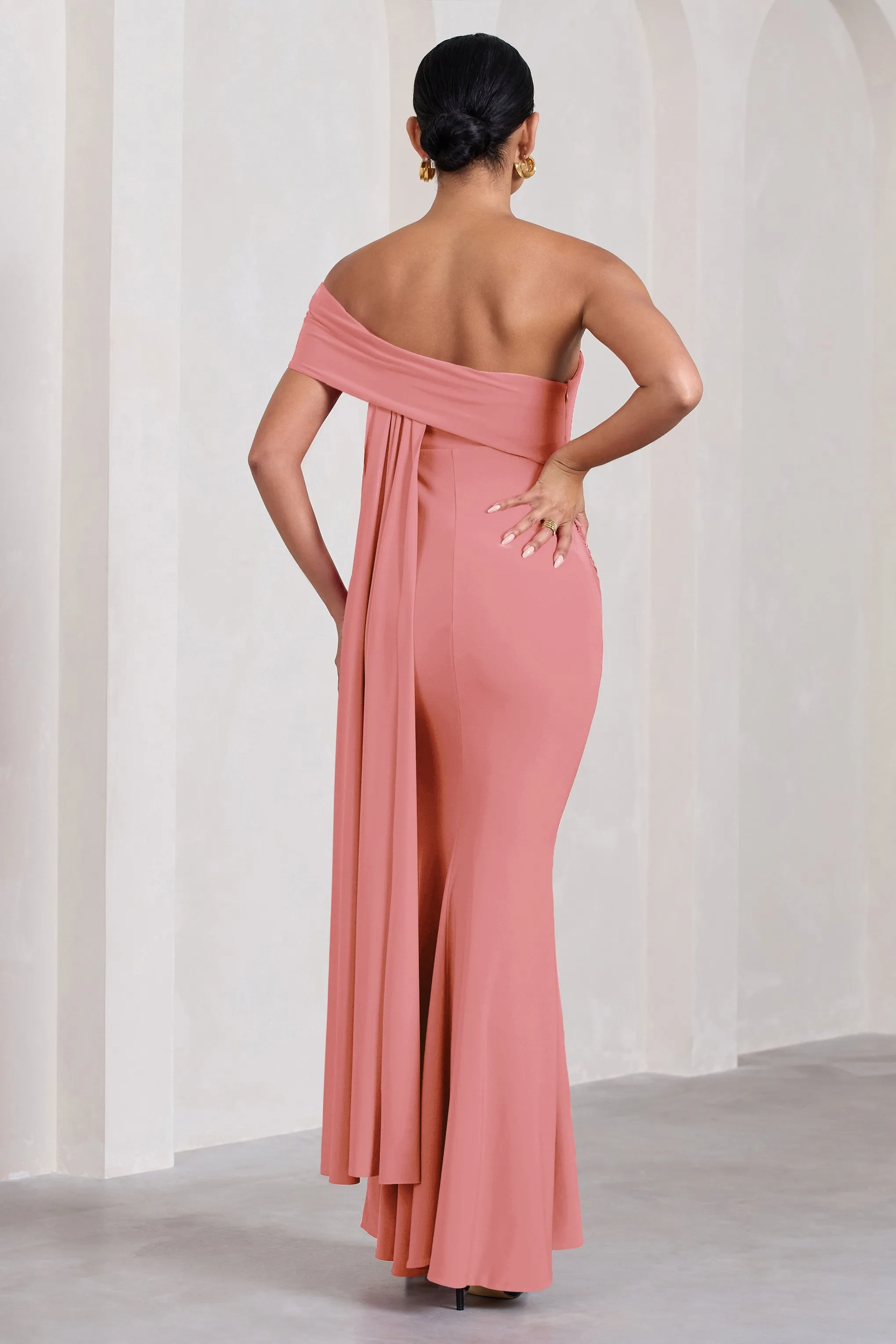 Real Love | Blush Pink Bardot Split Maternity Maxi Dress With Drape Detail