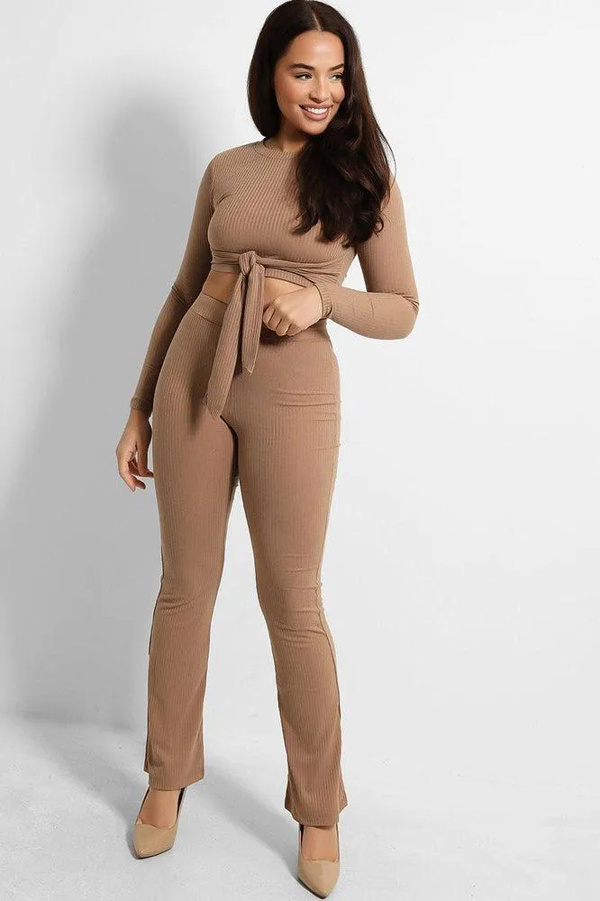 Ribbed Jersey Crop Tie Top And Trousers Set