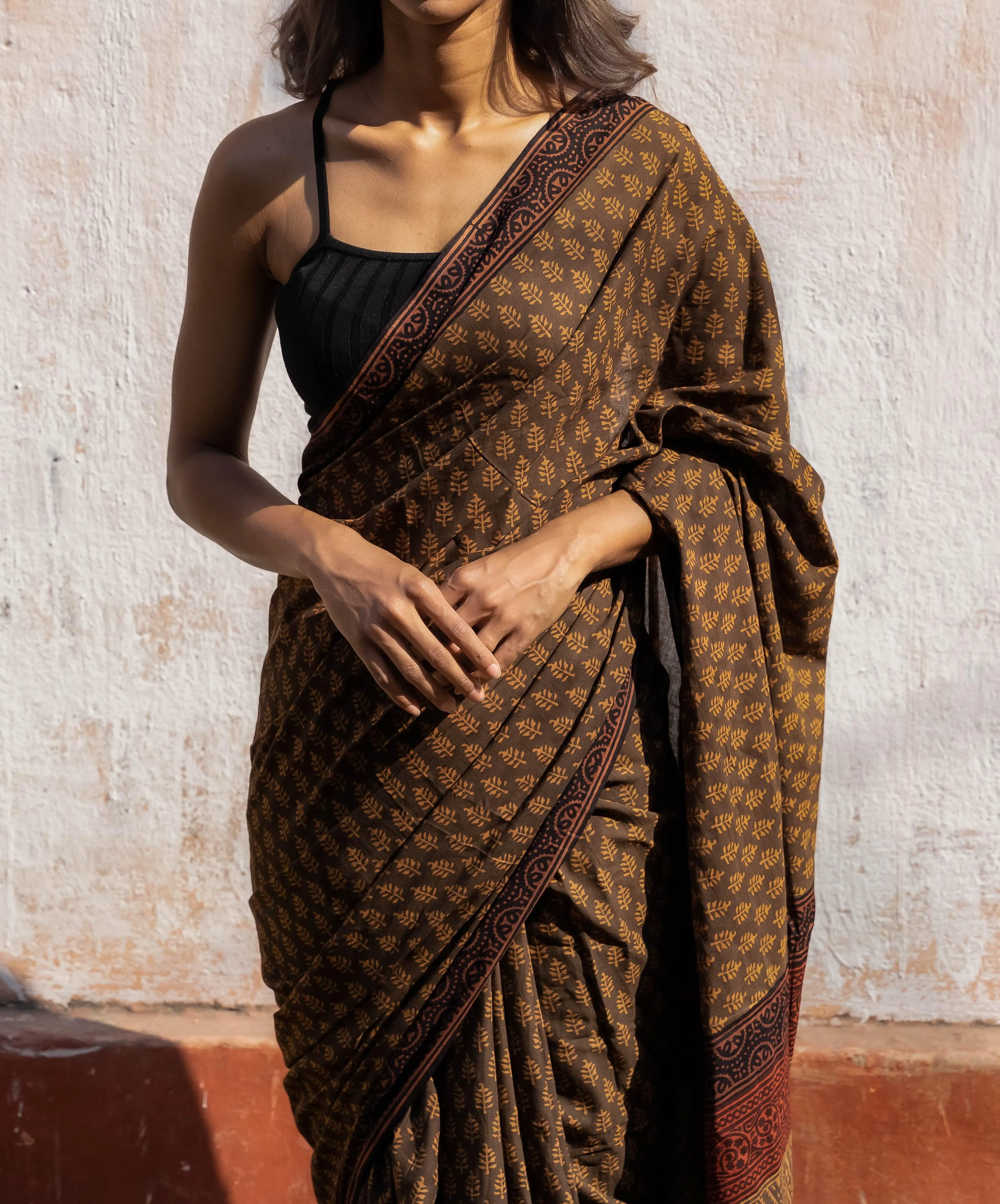 Roheda Brown Mughal Pine natural dyed handblock printed  Bagru saree