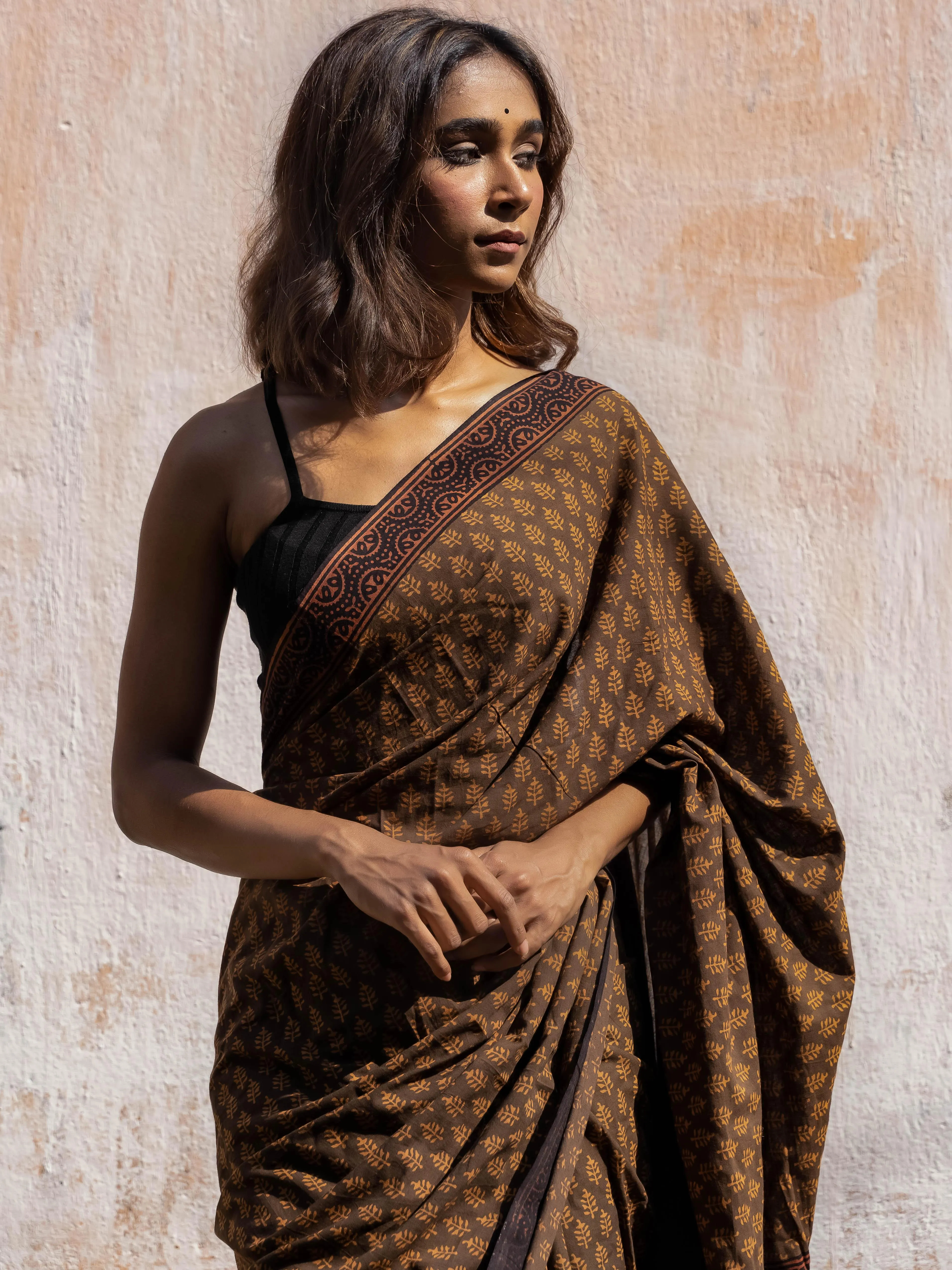 Roheda Brown Mughal Pine natural dyed handblock printed  Bagru saree