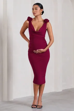 Rosy | Berry Cowl-Neck Maternity Midi Dress With Flowers