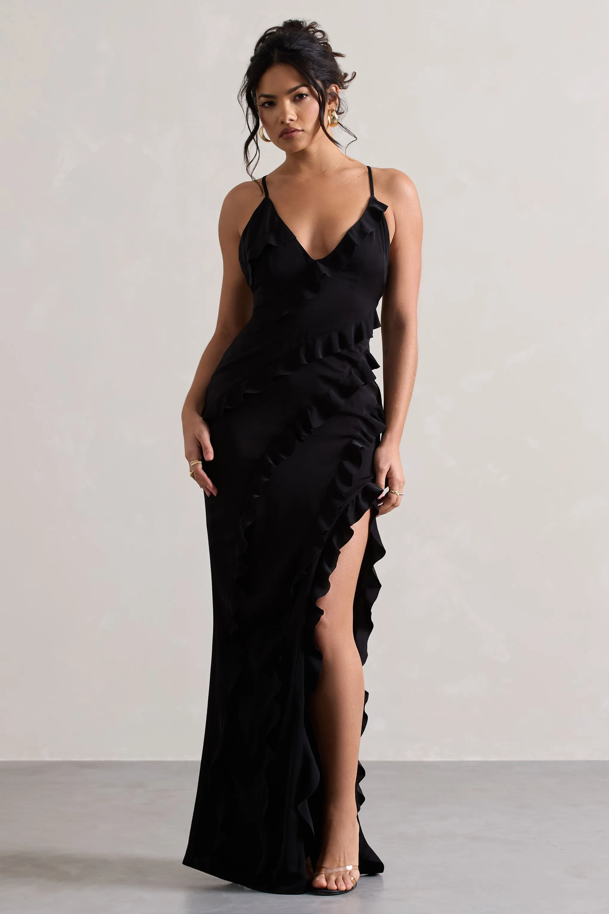 Run The World | Black Sweetheart Neckline Ruffle Maxi Dress