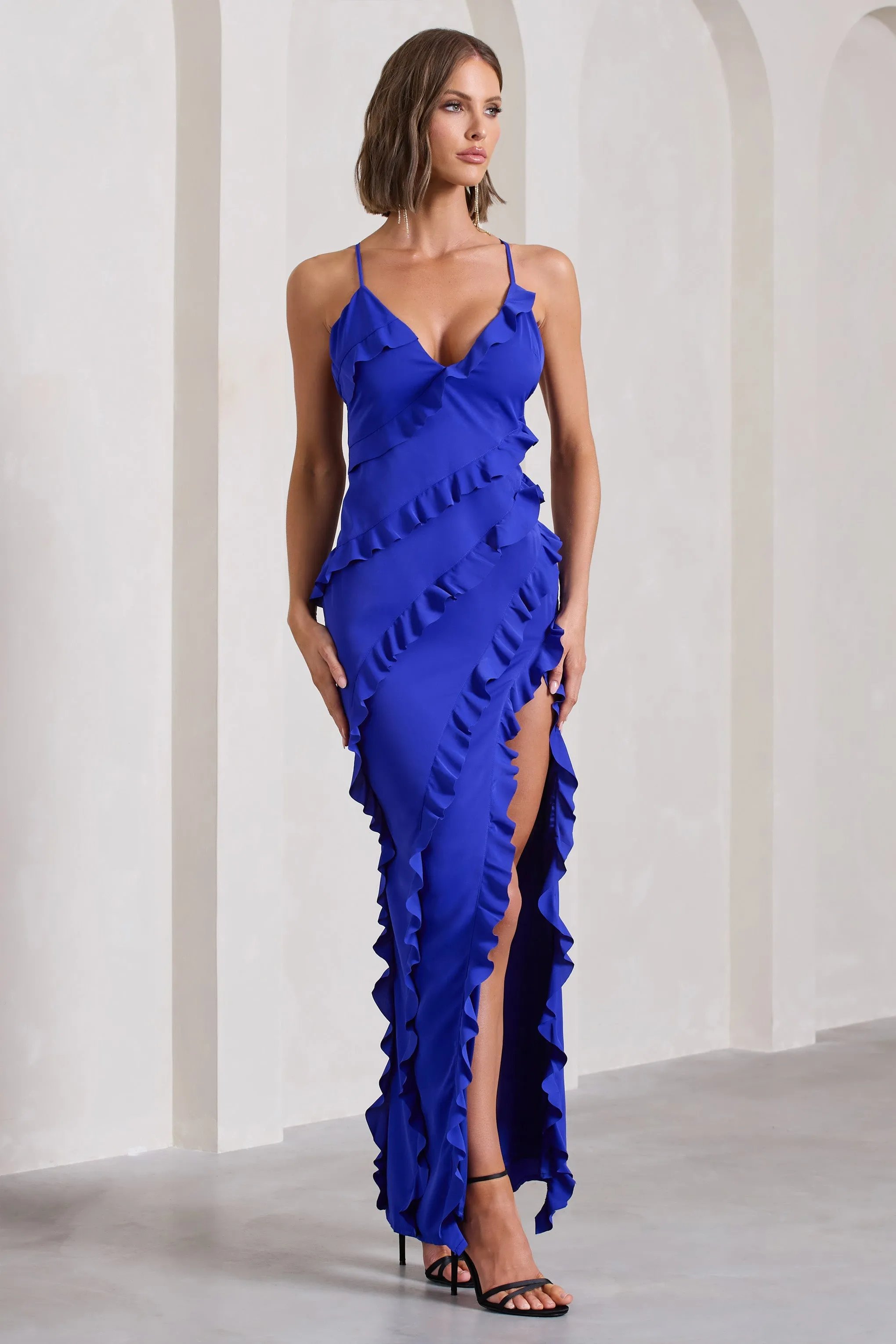 Run The World | Royal Blue Sweetheart Neckline Ruffle Maxi Dress