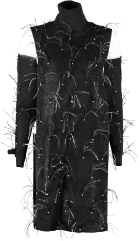 Santa Brands Black Crystal & Feather Embellished Open High Neck Sweater And Long Gloves Set One Size