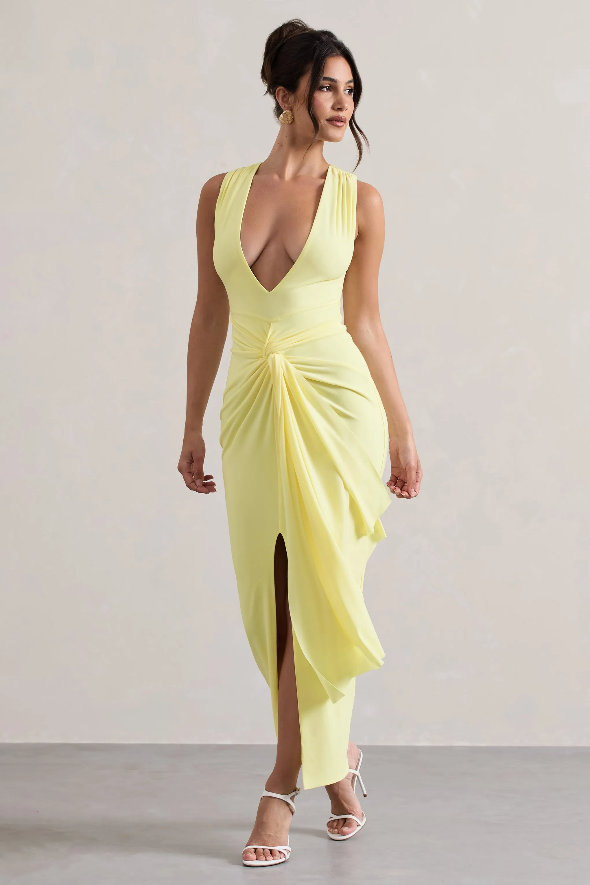 Santana | Lemon Plunge-Neck Split Maxi Dress With Knot Detail