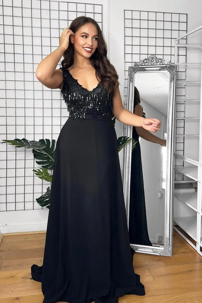 Sequinned Fringe V-Neck Sleeveless Occasion Maxi Dress