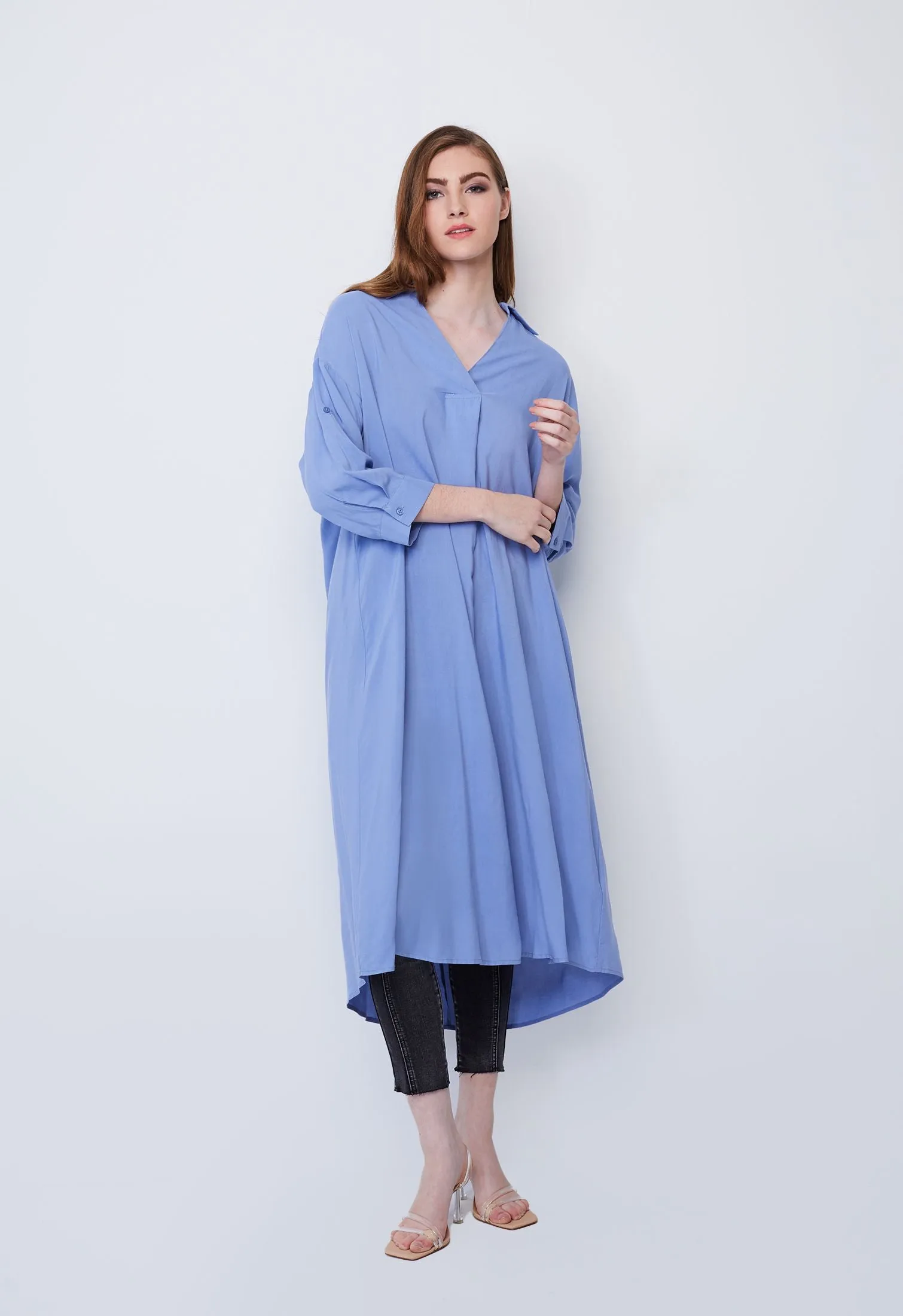 Slip-On Dress with Folded Cuff Sleeve