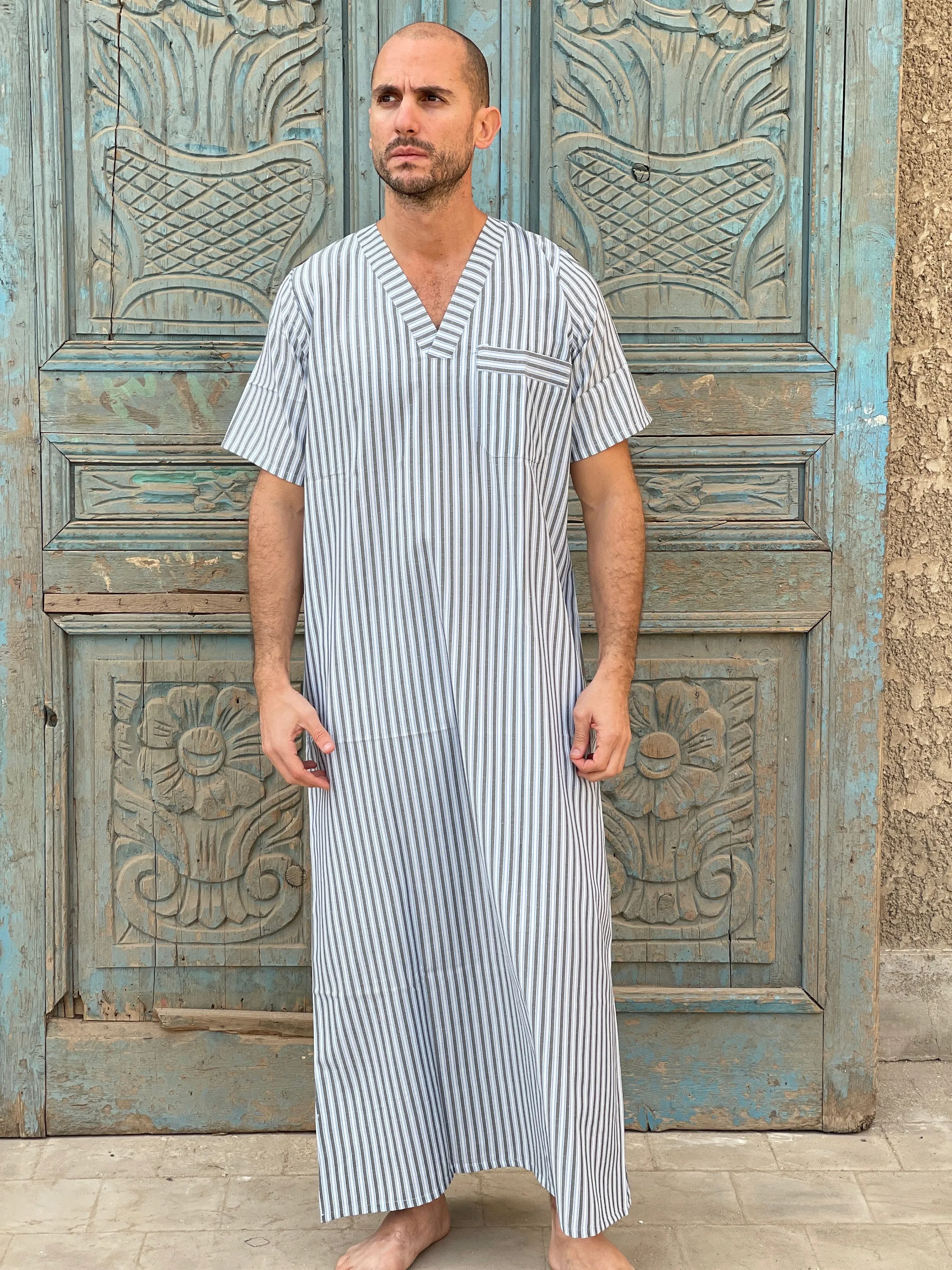 Striped Men's Kaftan, Short sleeve Men's kaftan, Cotton men caftan, caftans for men,  men clothing, gift for men, husband gift, gift for him