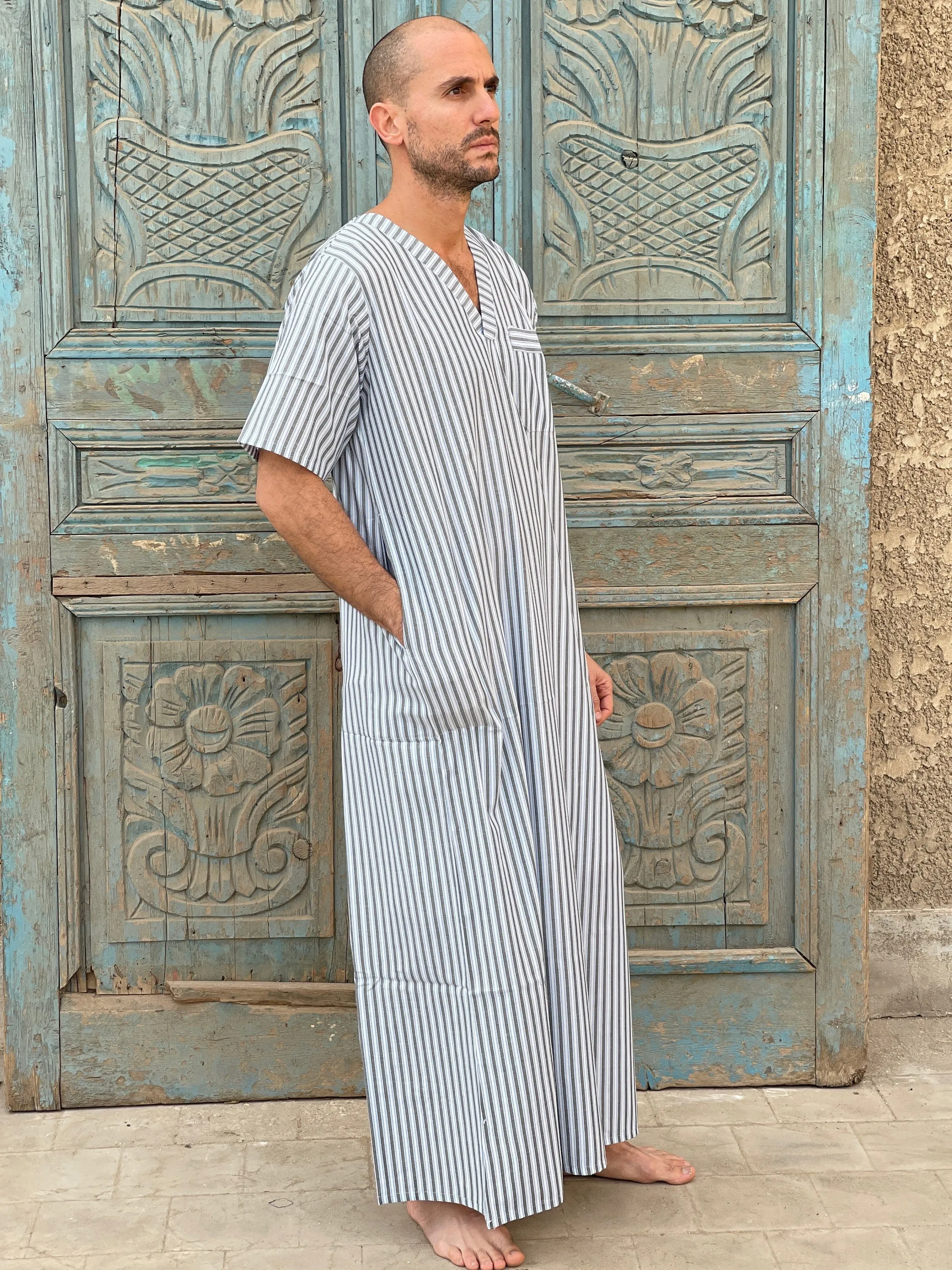 Striped Men's Kaftan, Short sleeve Men's kaftan, Cotton men caftan, caftans for men,  men clothing, gift for men, husband gift, gift for him