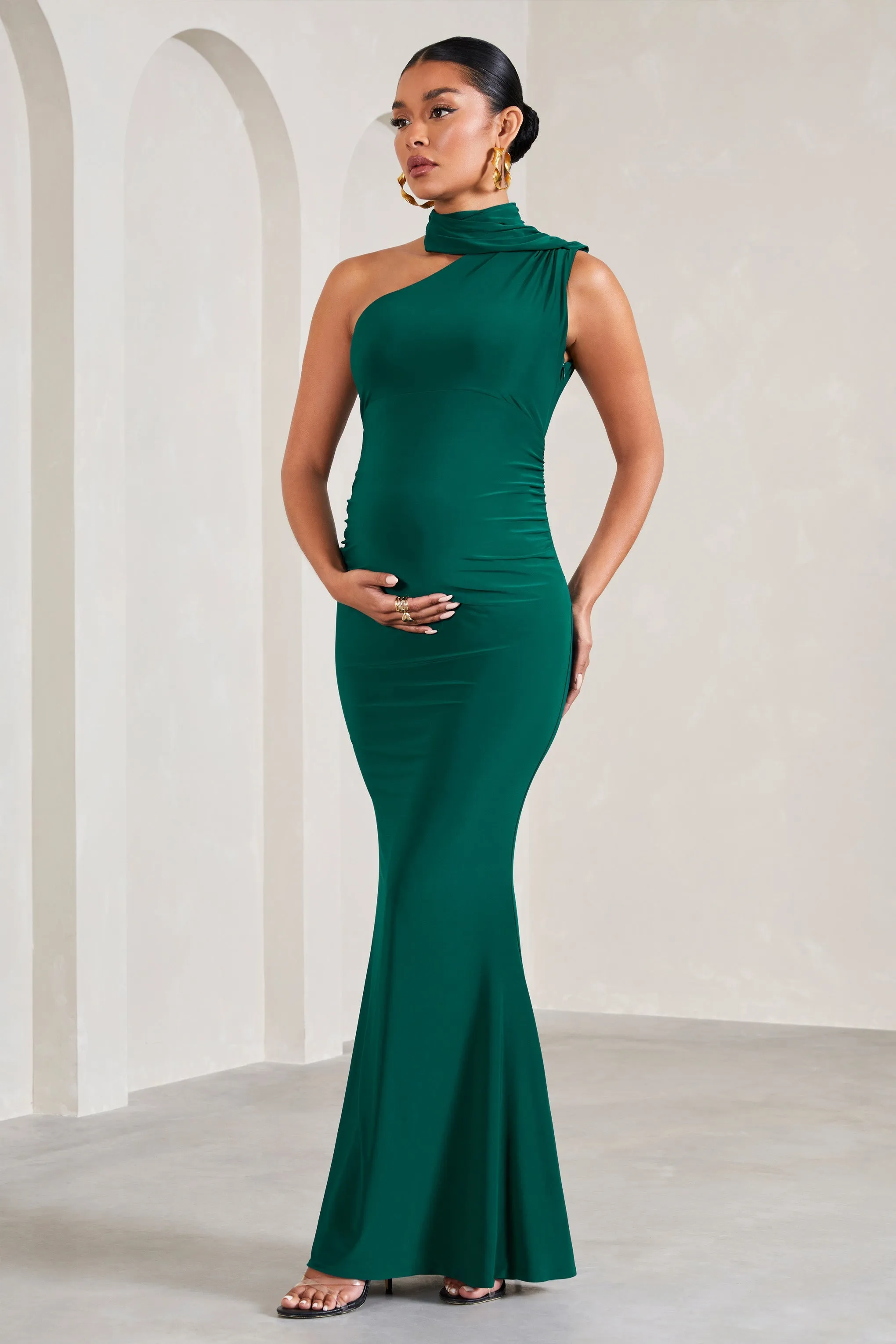 Sylvia | Bottle Green Ruched Asymmetric Maternity Maxi Dress With Wrap-Collar