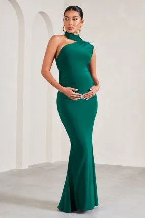 Sylvia | Bottle Green Ruched Asymmetric Maternity Maxi Dress With Wrap-Collar