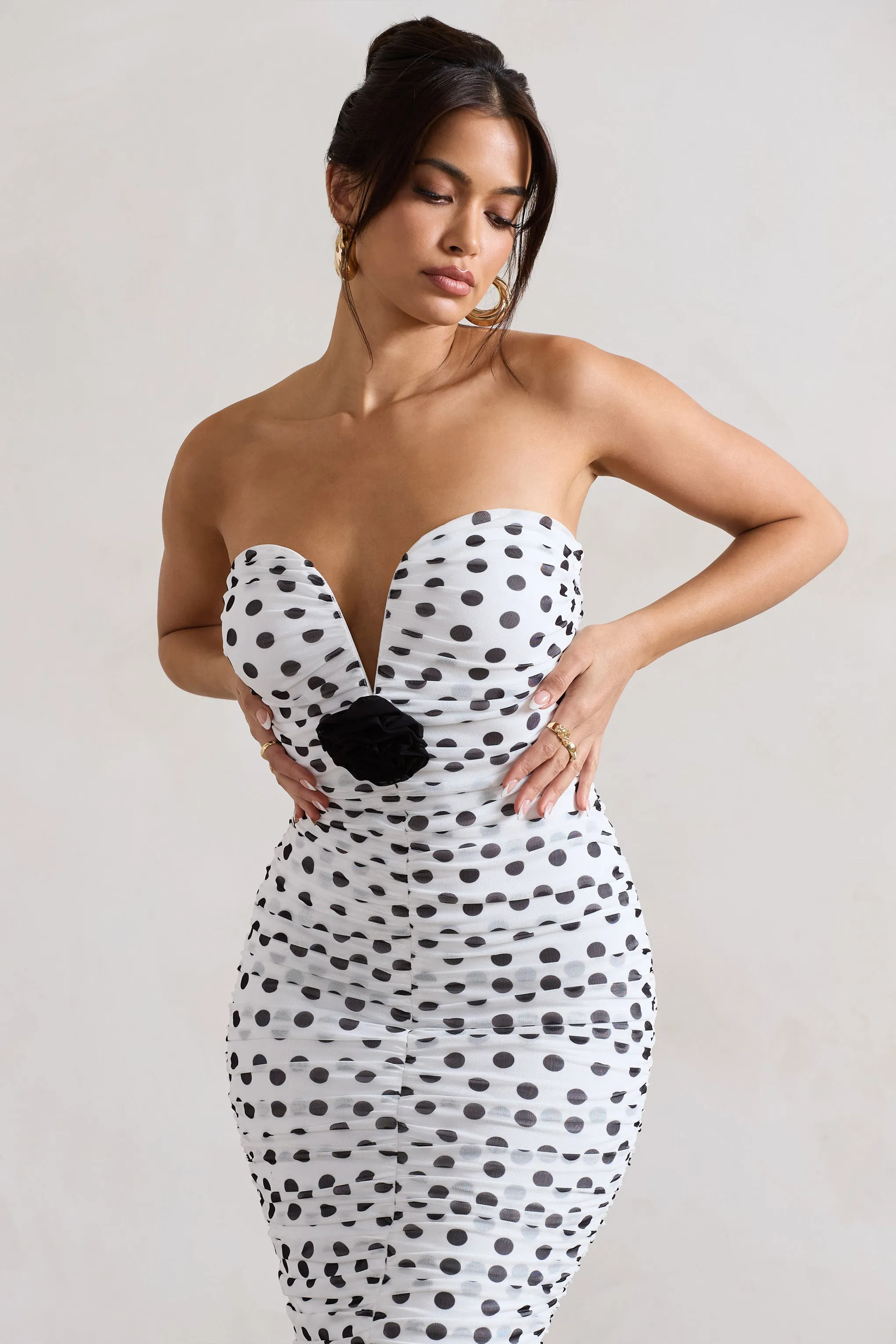 Taken | White Polka Dot Ruched Mesh Midi Dress With Corsage