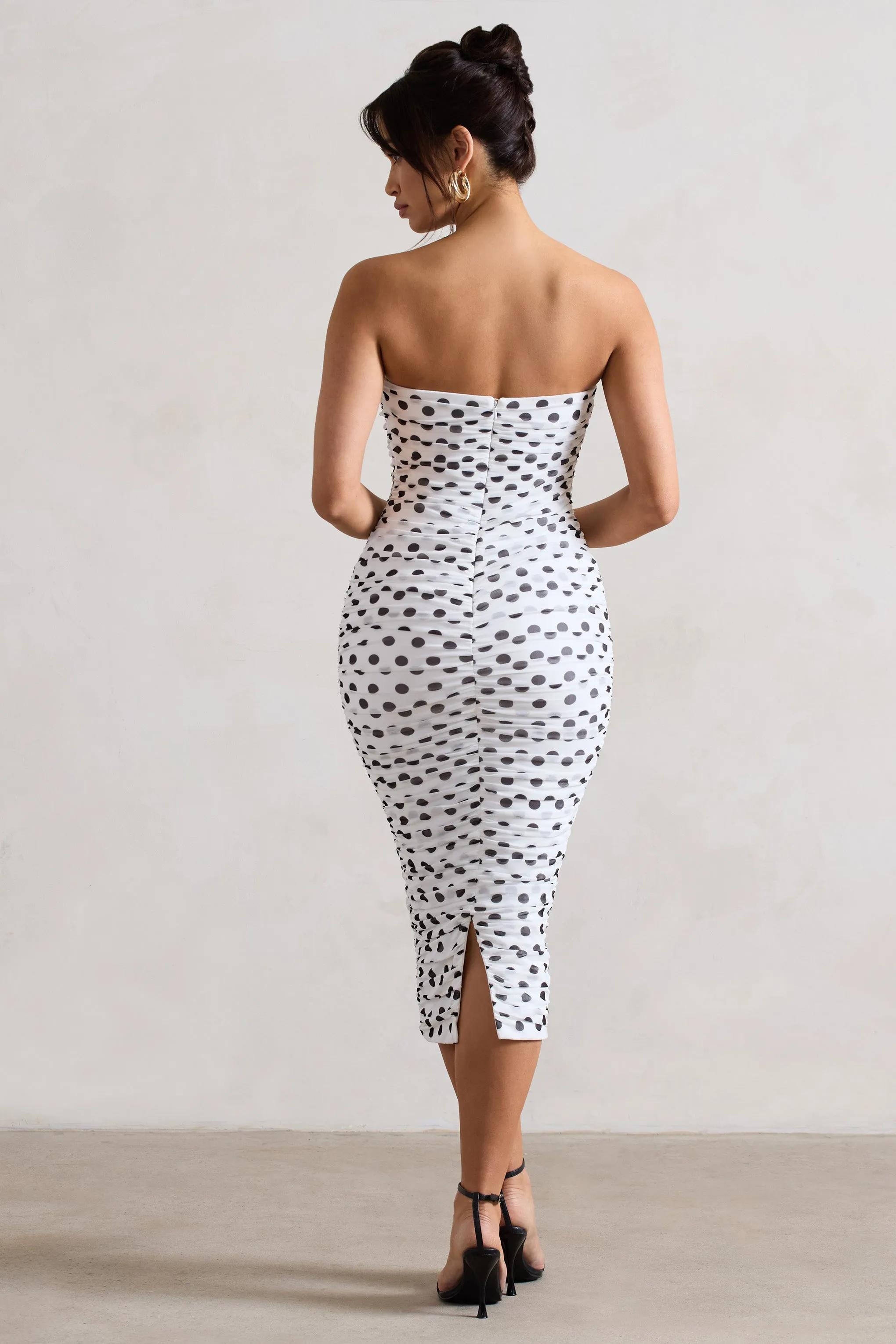 Taken | White Polka Dot Ruched Mesh Midi Dress With Corsage