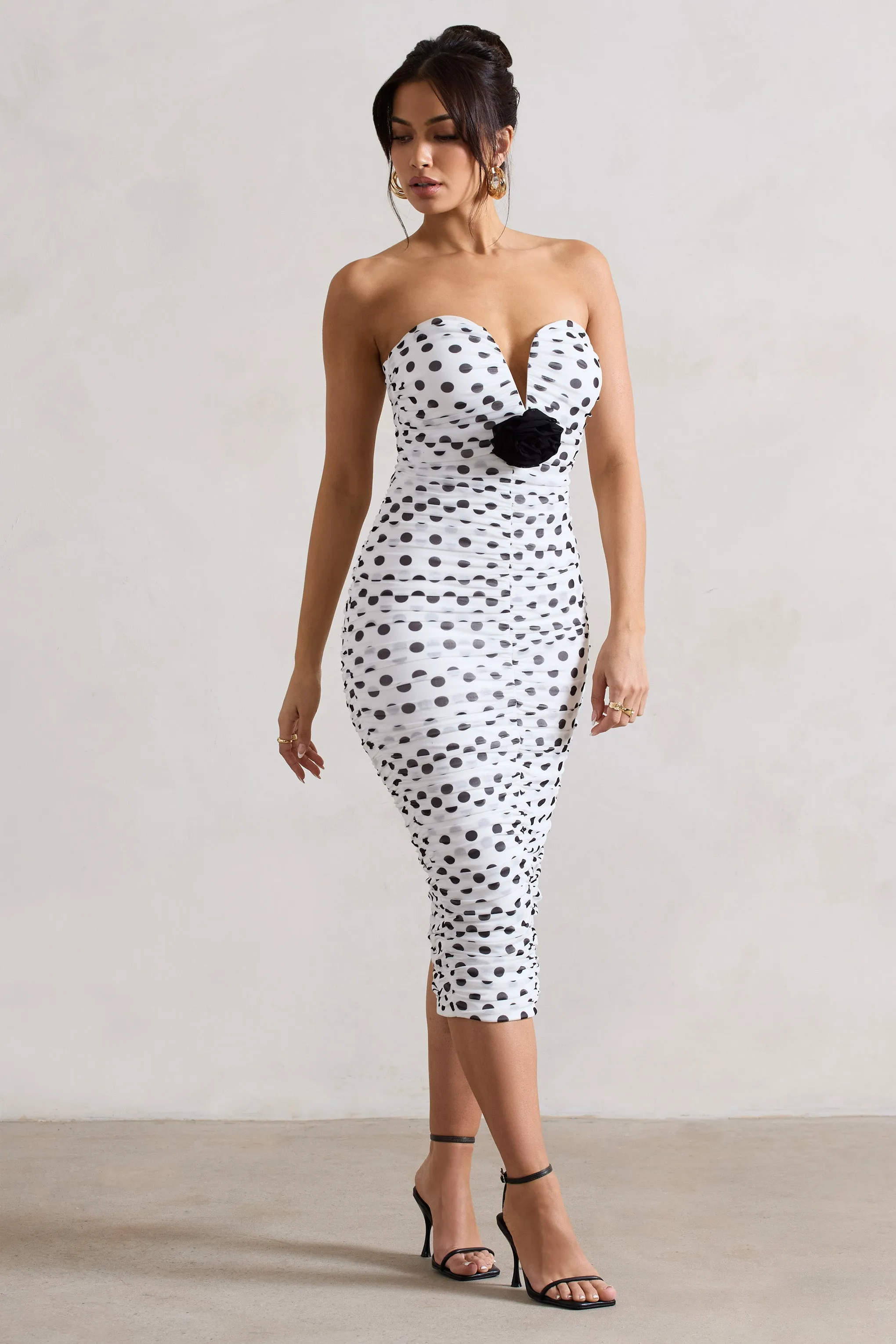 Taken | White Polka Dot Ruched Mesh Midi Dress With Corsage