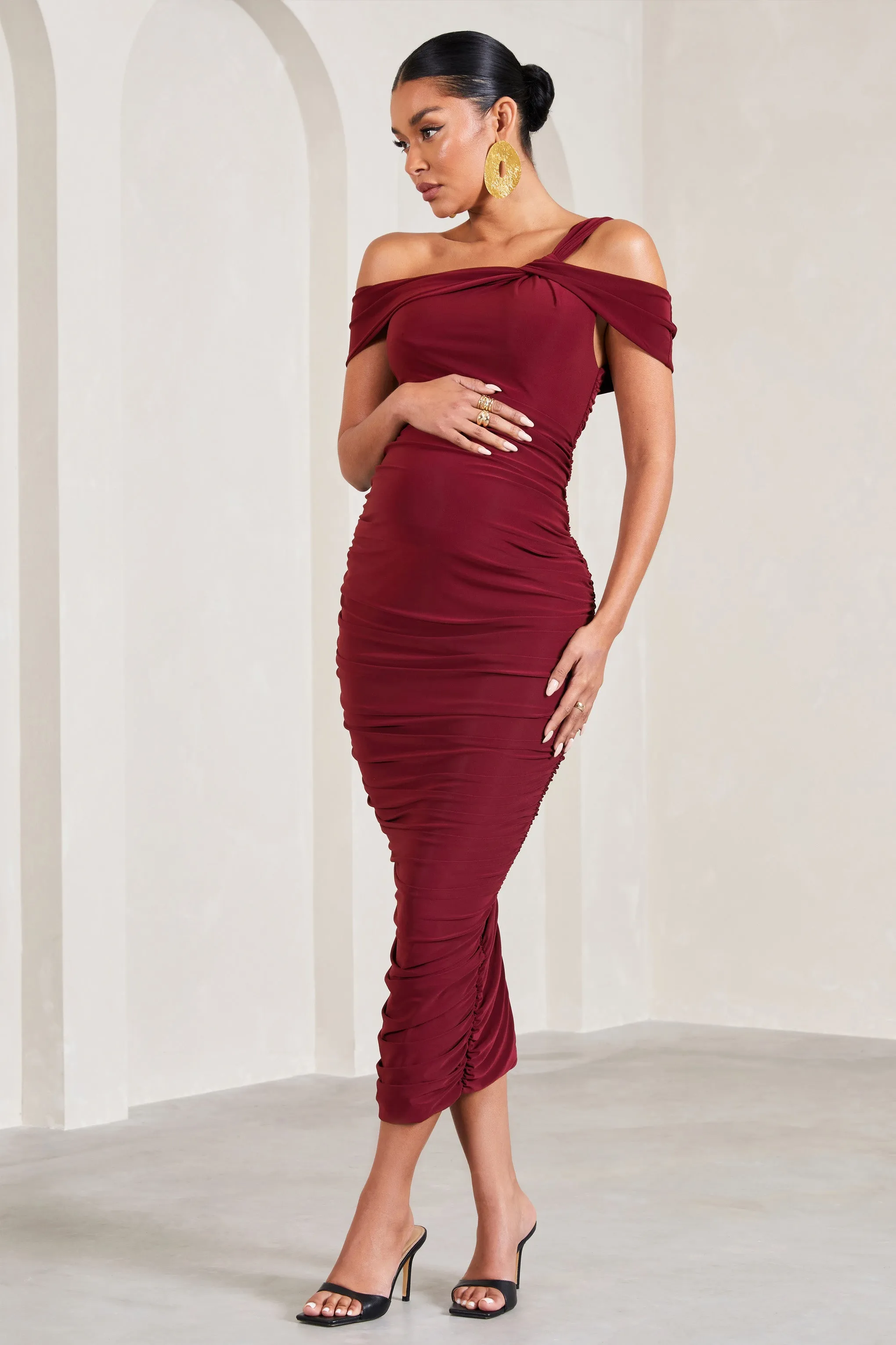 Theodora | Berry Strappy Asymmetric Maternity Midi Dress