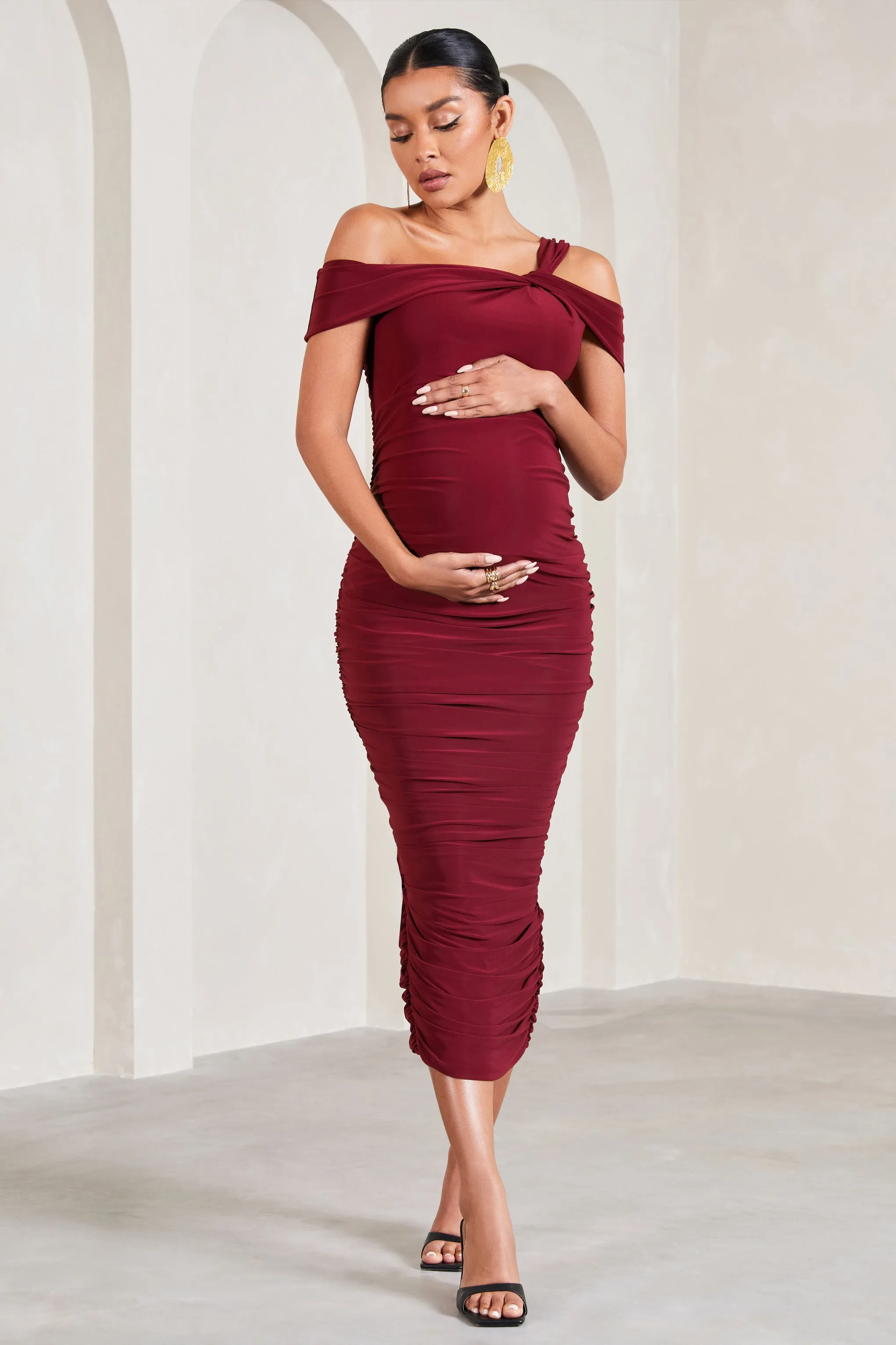 Theodora | Berry Strappy Asymmetric Maternity Midi Dress