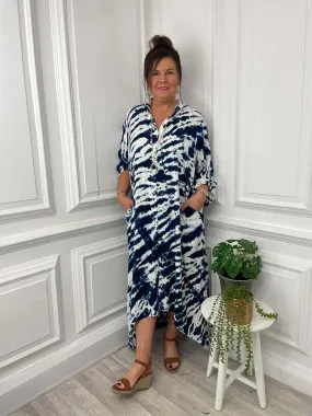 Tie Dye Shirt Dress - Navy