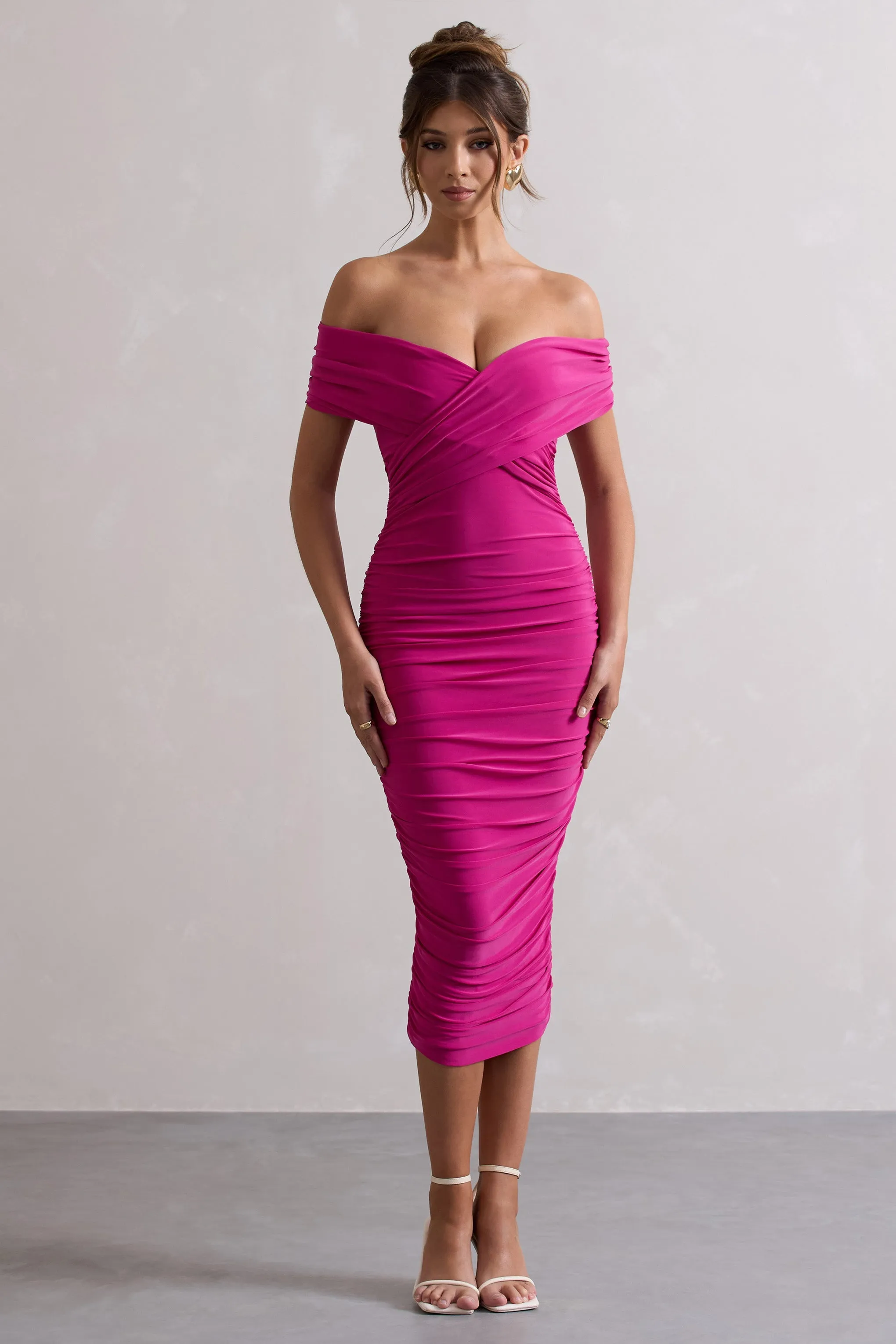 Unwrapped | Dark Pink Ruched Twist Bardot Midi Dress