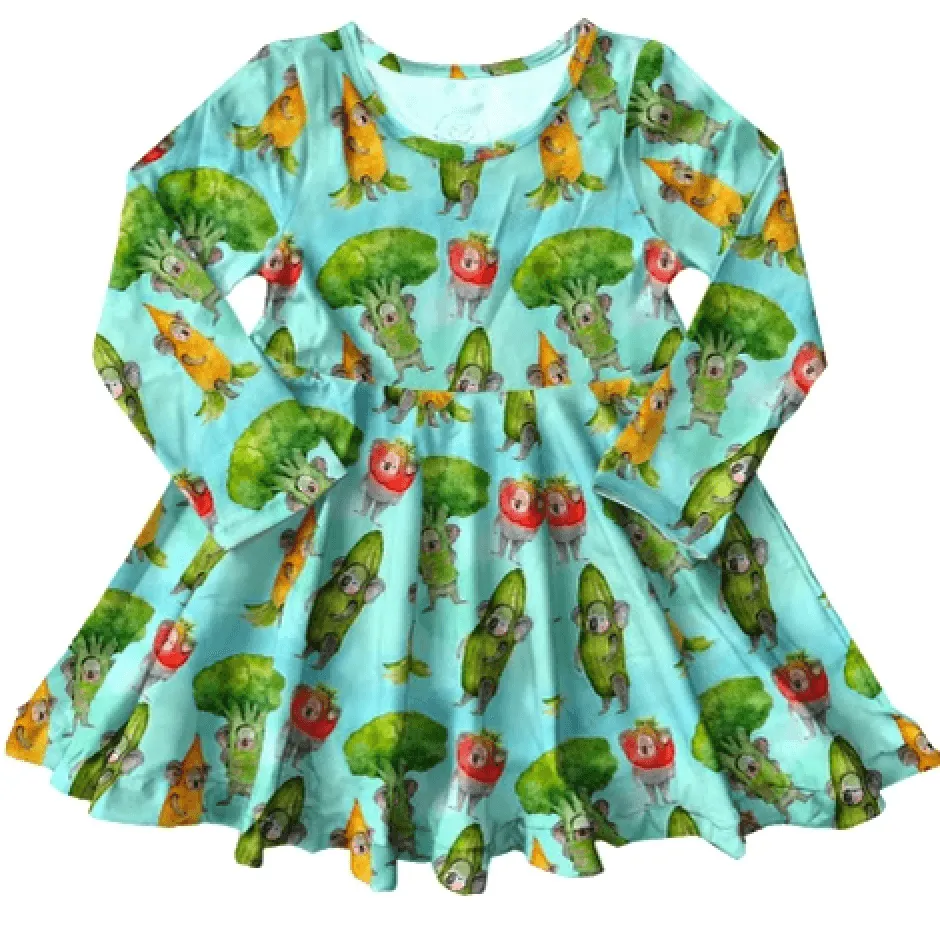 Veggie Koalas Long Sleeve Twirl Dress