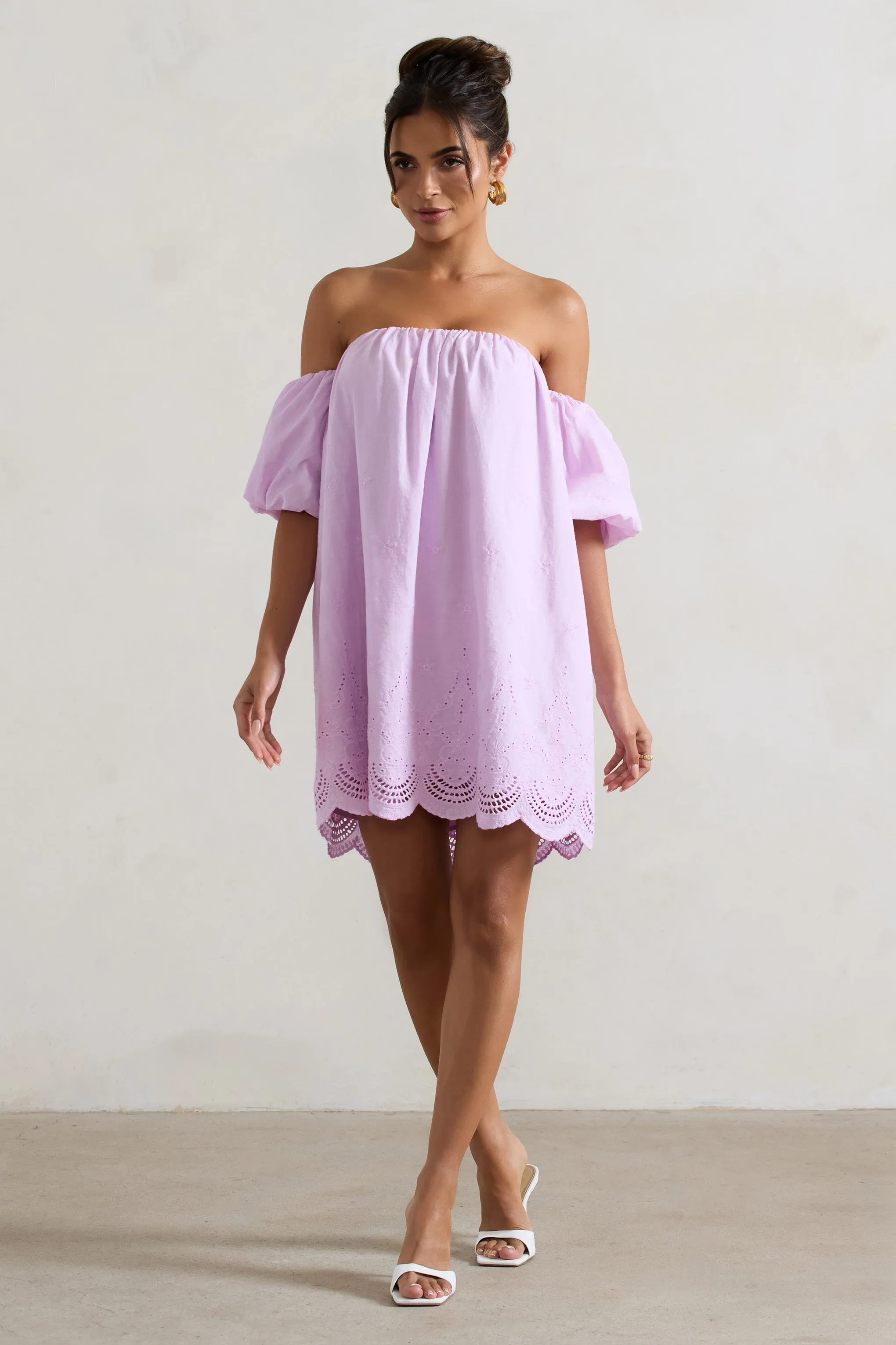 Wendy | Lilac Poplin Bardot Lace Trim Smock Mini Dress