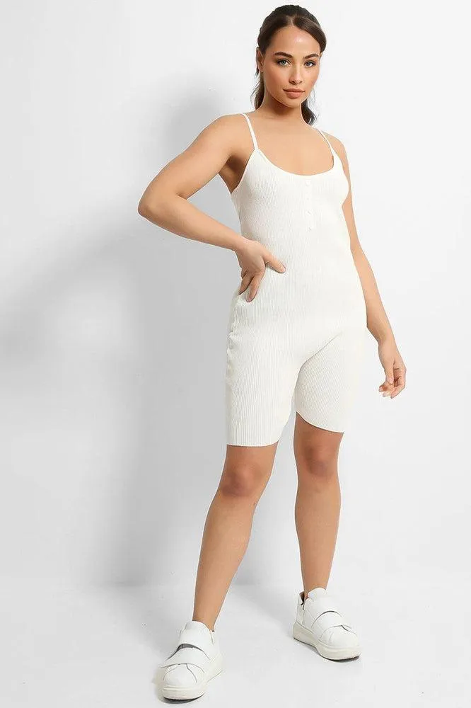 White Soft Rib Knit Button Details Cami Romper