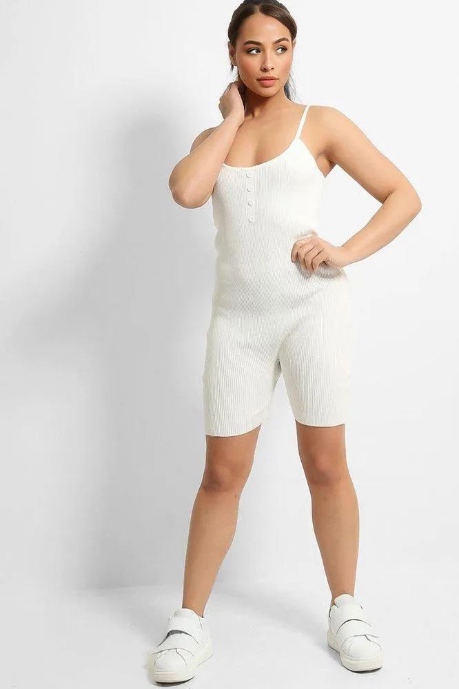 White Soft Rib Knit Button Details Cami Romper