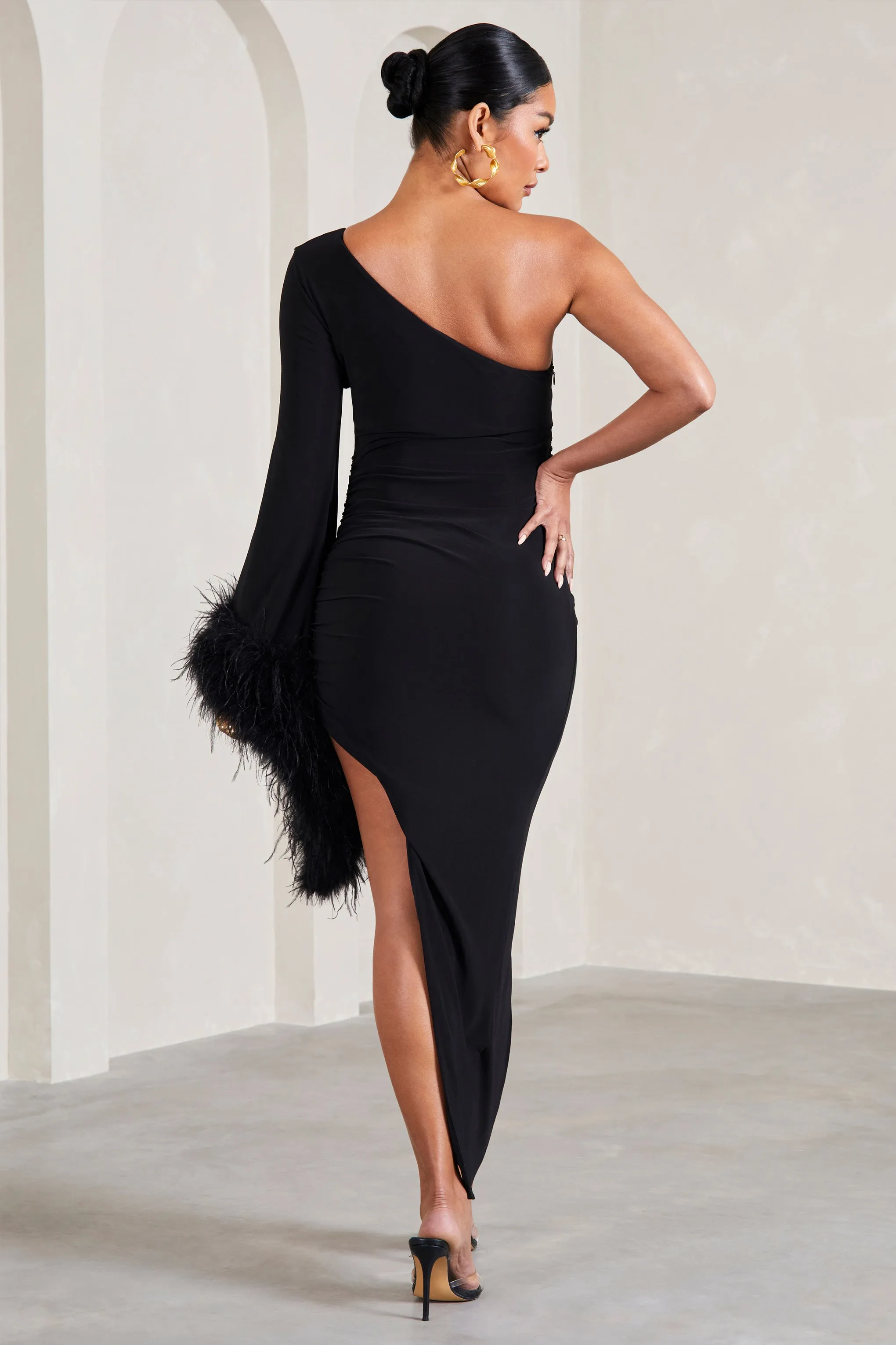 With A Flourish | Black Asymmetric One-Sleeved Maternity Maxi Dress With Feathers