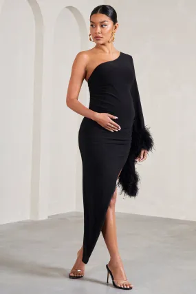 With A Flourish | Black Asymmetric One-Sleeved Maternity Maxi Dress With Feathers