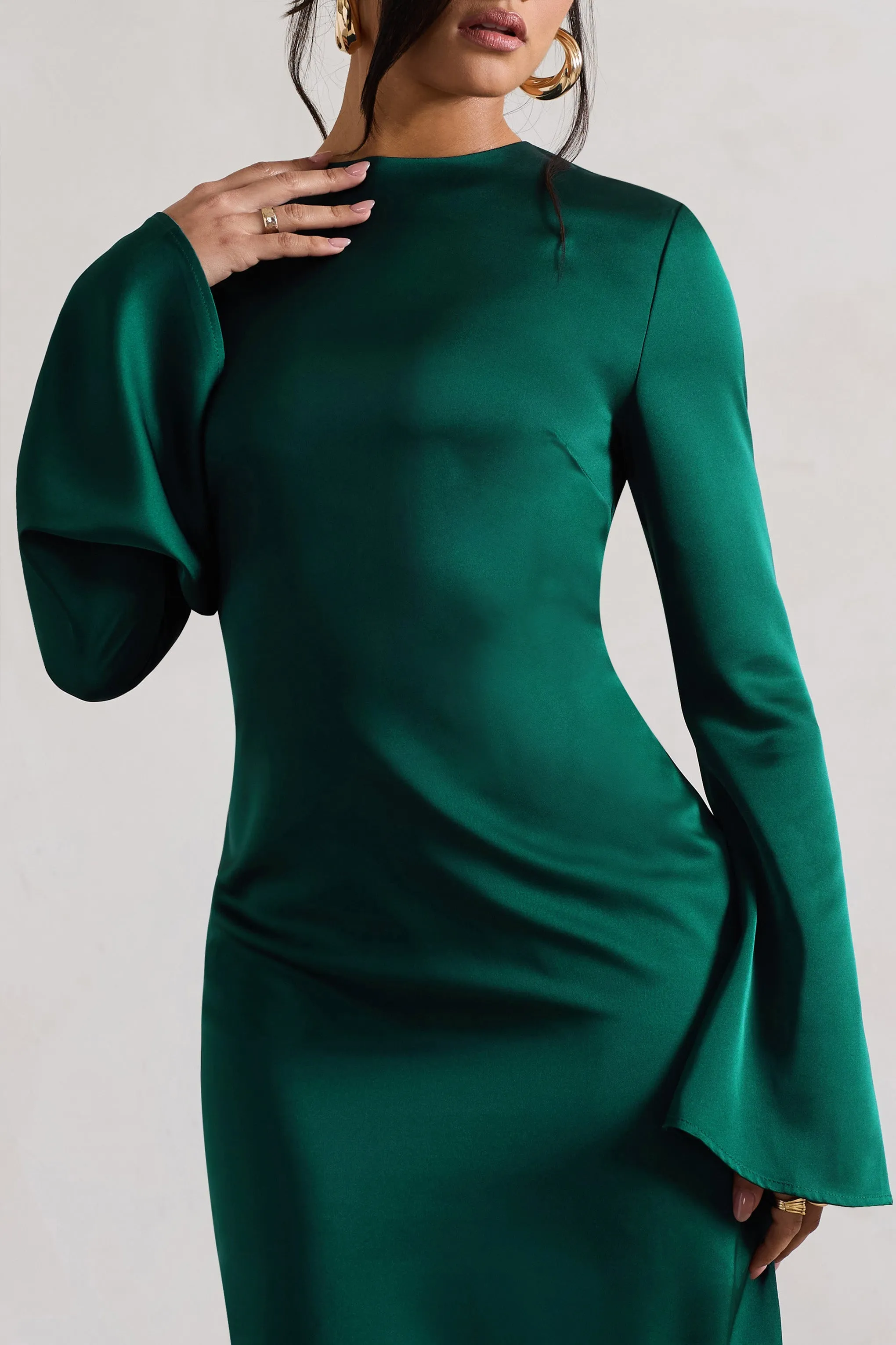 Zaina | Bottle Green Long Sleeve Midi Dress with High Neckline