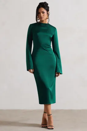 Zaina | Bottle Green Long Sleeve Midi Dress with High Neckline