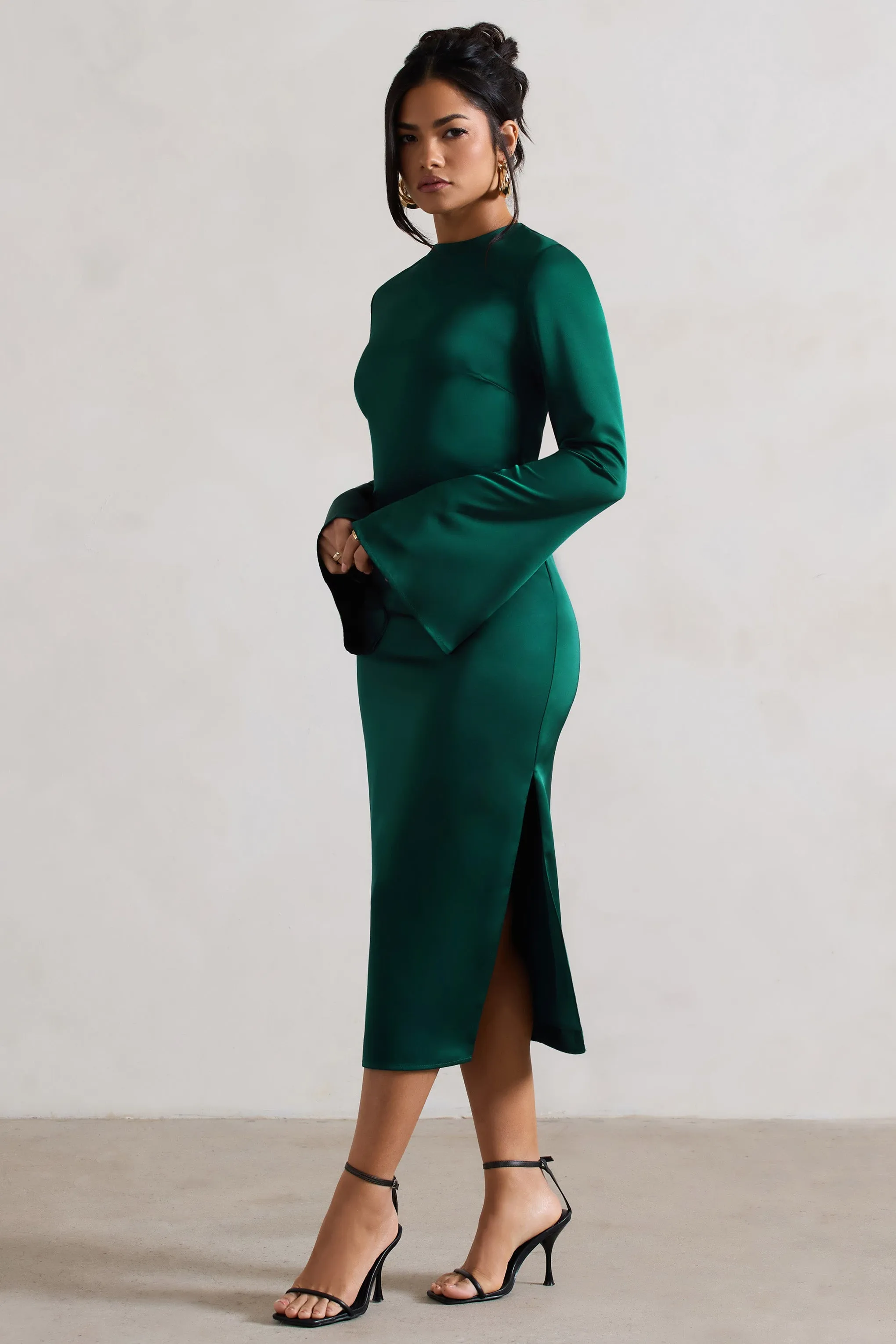 Zaina | Bottle Green Long Sleeve Midi Dress with High Neckline