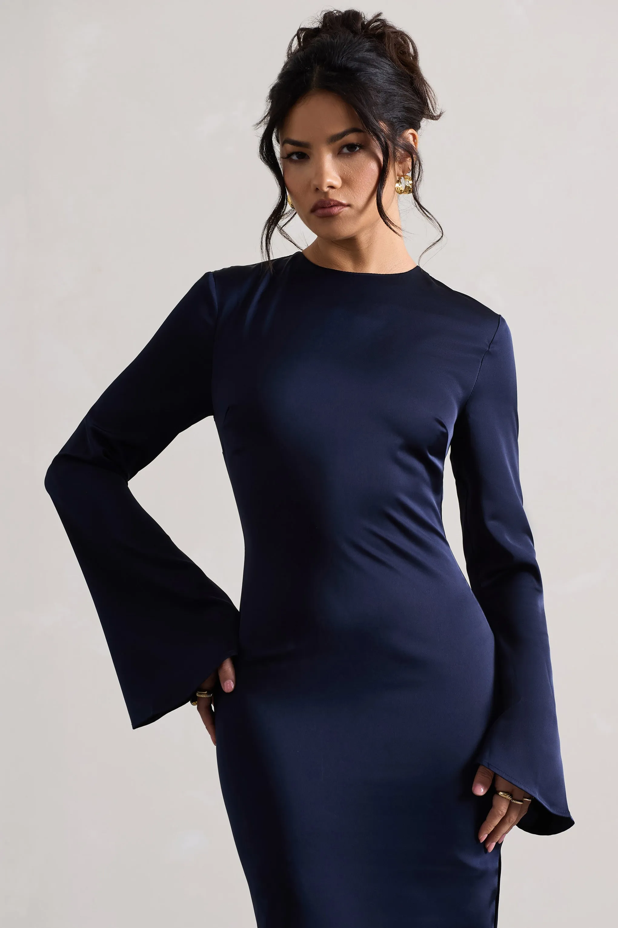 Zaina | Navy Long Sleeve Midi Dress with High Neckline